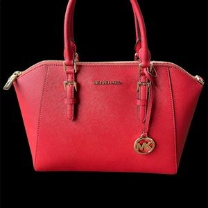 Michael Kors Ciara Large Top Zip Satchel Crossbody Handbag Purse Flame